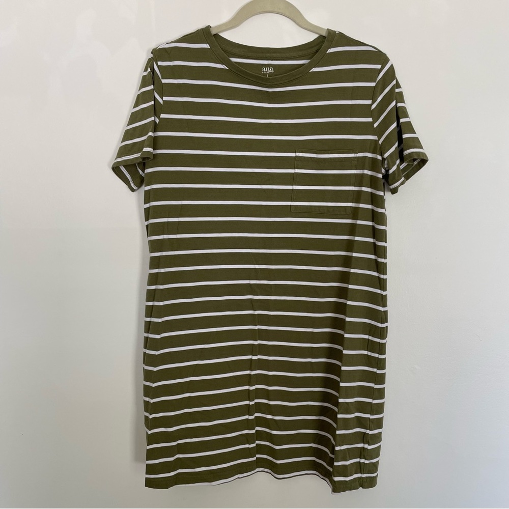 a.n.a. Striped Mini T-Shirt Dress Olive Green White L